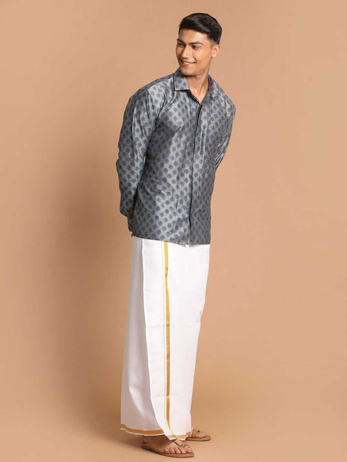 Men's Gray Silk Blend Printed Shirt